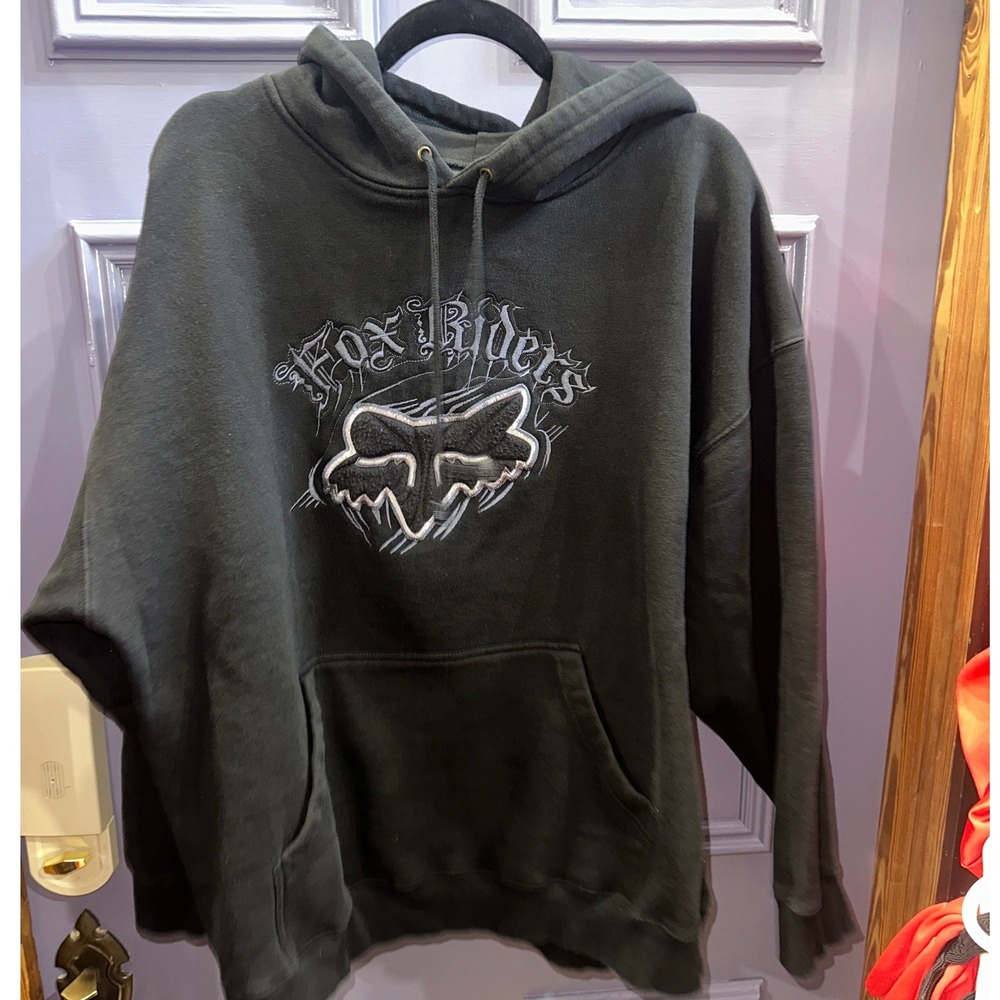 Fox Racing Fox Riders Hoodie Y2K Mens 2XL Black Embroidered Moto Oversized